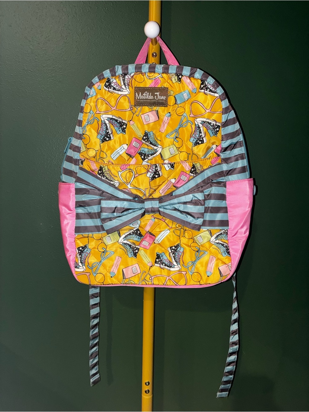 Matilda Jane Yellow, Pink & Gray Striped Kids Backpack with Bow